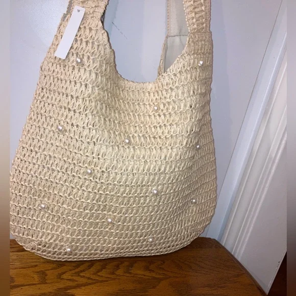 Woven Shoulder Bag with Pearl Accents- Tan NWT - Picture 2 of 6